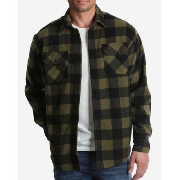 Wrangler men's green and black Buffalo plaid flannel fleece button up shacket - Picture 1 of 10